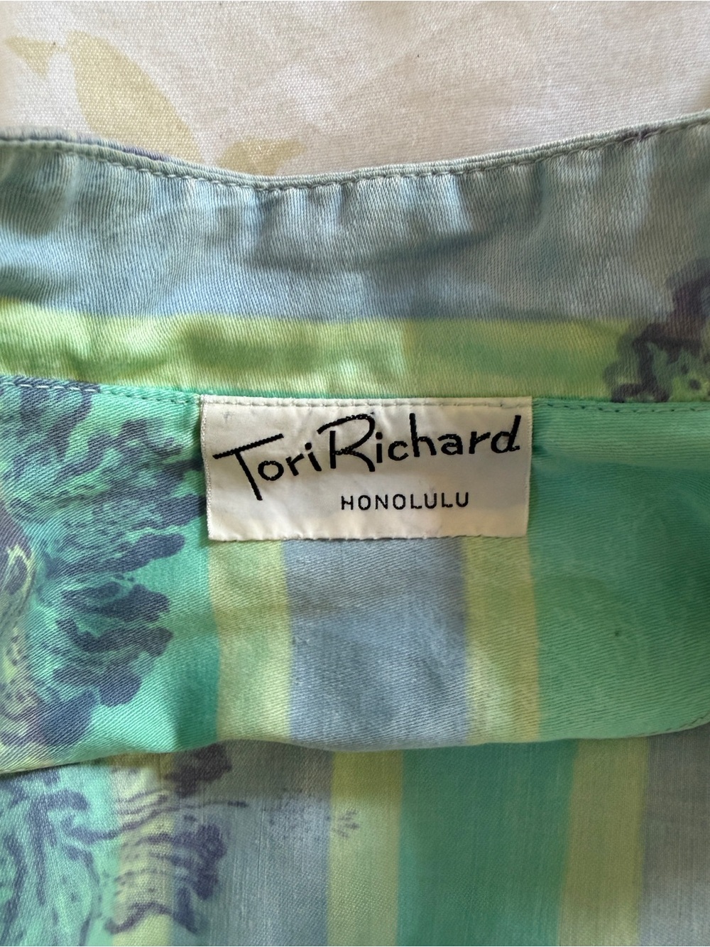 Tori Richard Green, Blue & Yellow Striped Floral Button-Front Tunic